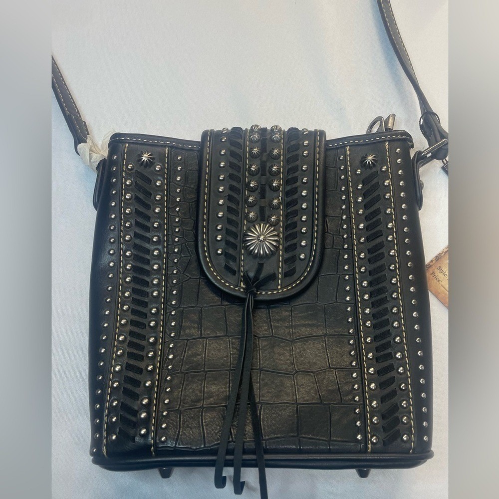 Montana West Black Crocodile Embossed Studded Crossbody‎ Shoulder Bag